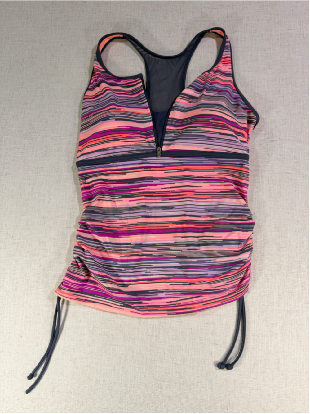 Free Country Racerback Zip Front Cinch Side Tankini Swim Top Cantaloupe Grey Lar
